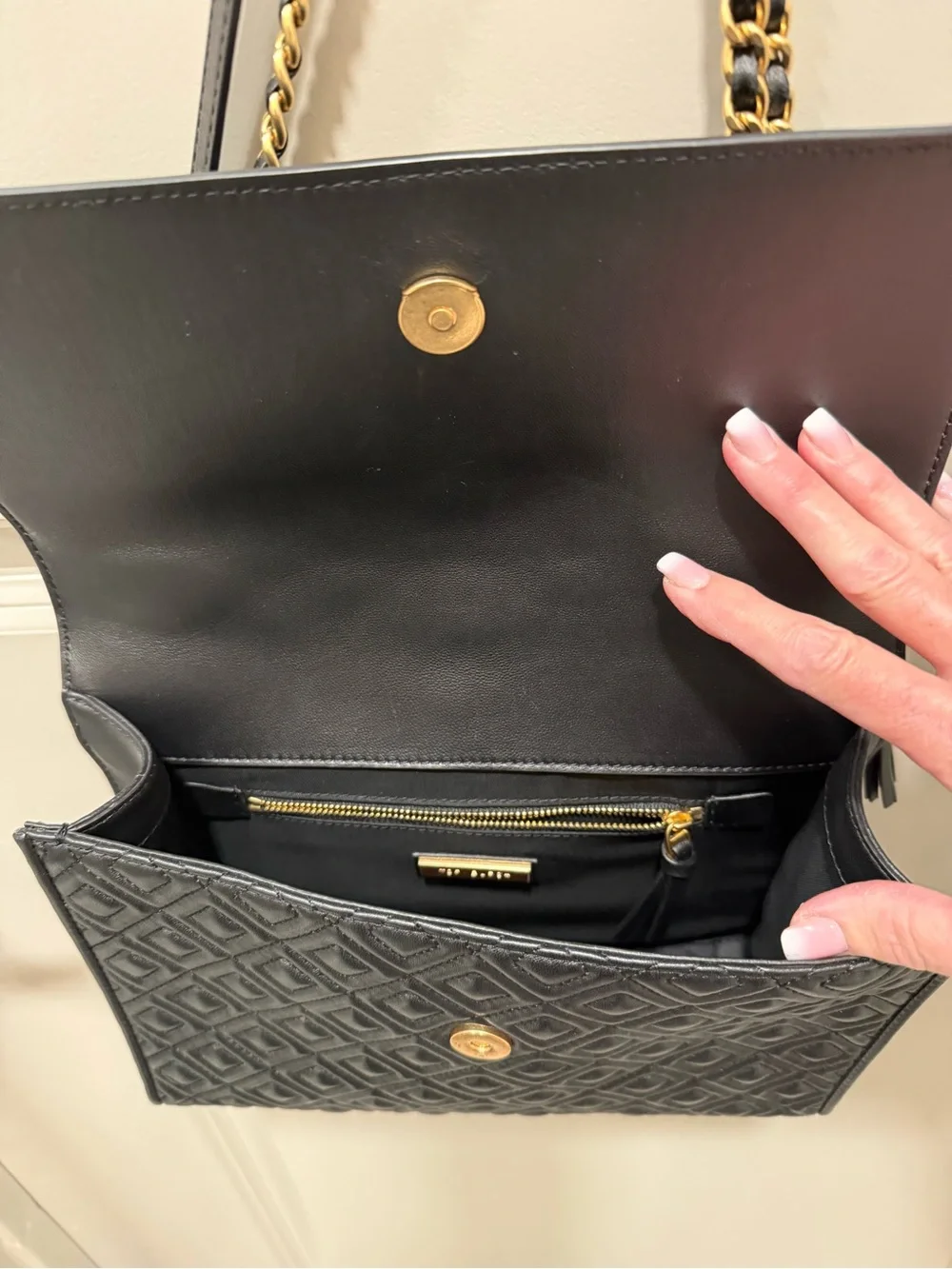 Authentic Tory Burch Black Quilted Leather Shoulder Bag with Tassel and Gold
